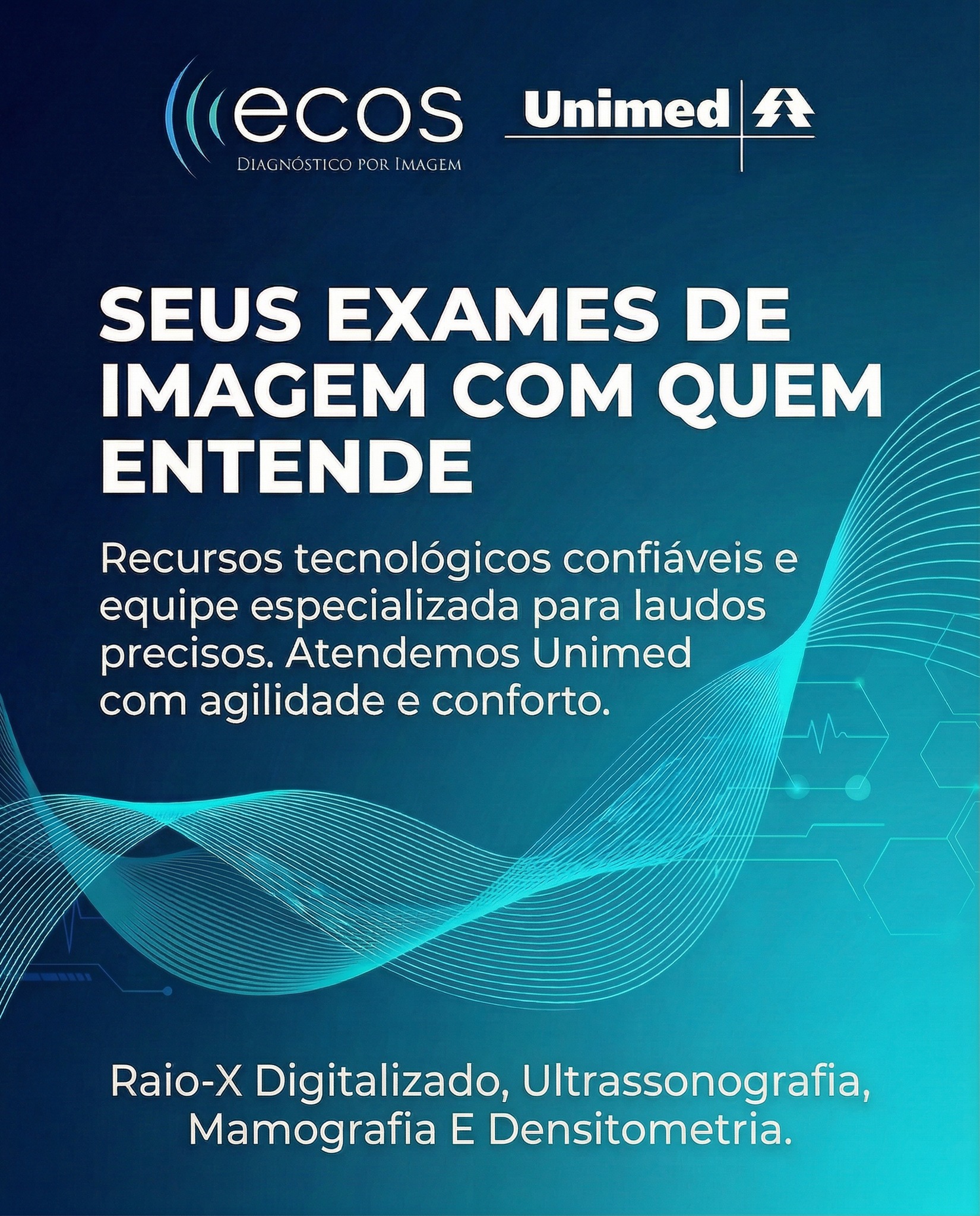 Você sabia que atendemos o convênio de saúde Unimed 💚✨

Aqui na Clinica ecos, fazer seus exames de imagem é simples e rápido. Nós cuidamos de tudo, para você focar no que importa: a sua SAÚDE.

Raio-X Digitalizado, ultrassom, mamografia, densitometria… tudo em um único lugar, com resultado ágil e atendimento que faz você se sentir acolhido(a). 

Bora agendar? Chama a gente no WhatsApp 👇
📍 Av. Presidente Vargas, 1069 – Centro, Dracena/SP
☎️ (18) 3821-3806 | (18) 3821-3807
📱 WhatsApp: (18) 99691-8134

#clinicaecos #Unimed #ExamesDeImagem