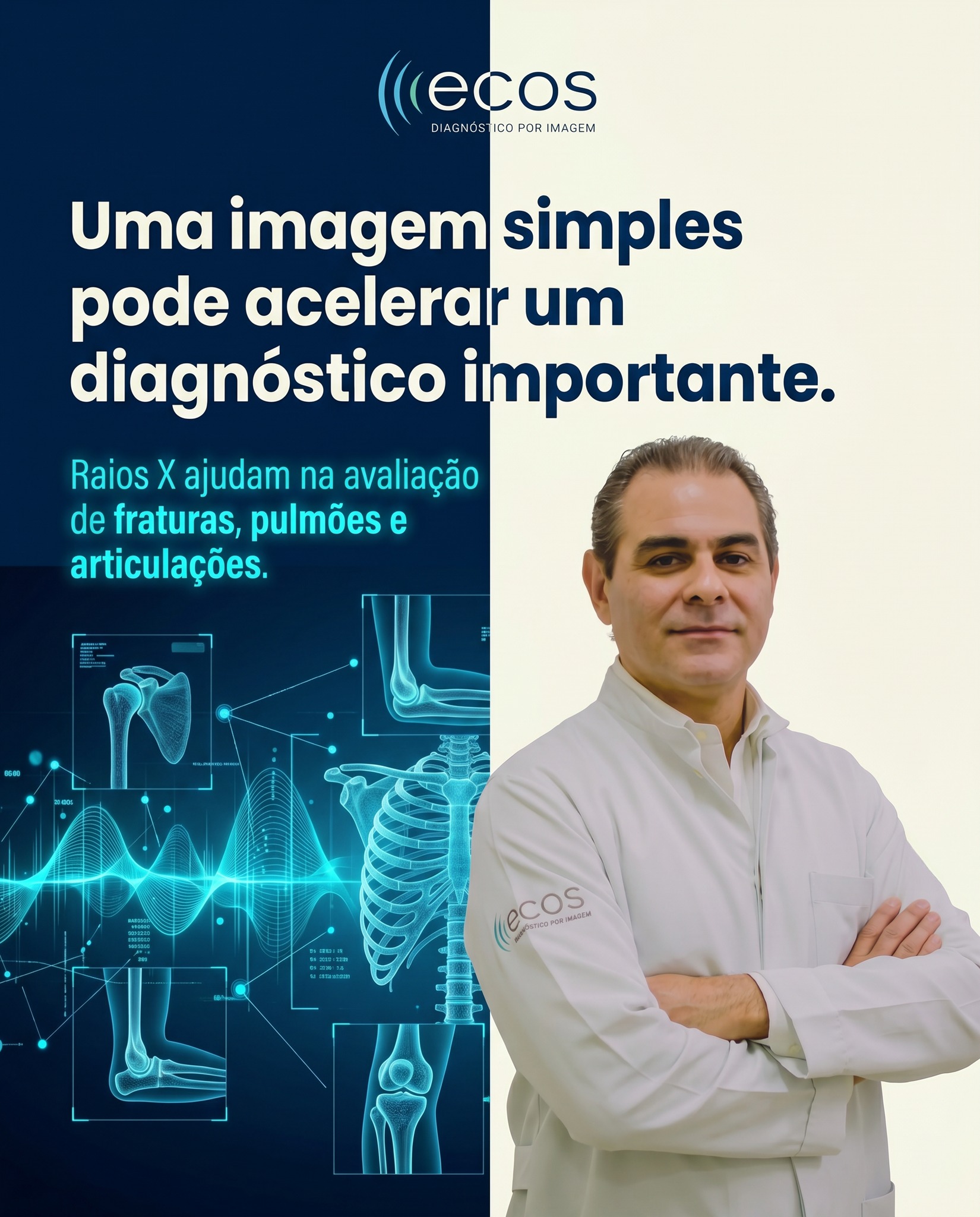 Por trás de uma simples imagem, existe um exame capaz de transformar a condução de um tratamento. O Raio X é um aliado essencial da medicina, ajudando a identificar fraturas, avaliar a saúde dos pulmões e investigar alterações com rapidez e precisão.
É um exame indolor, acessível e que, muitas vezes, faz toda a diferença no caminho até o diagnóstico correto.
Na Clínica Ecos, cada exame é realizado com tecnologia, técnica e o cuidado que você merece em cada detalhe. 💙 

📲 Agende seu Raio X com a gente.

📍 Av. Presidente Vargas, 1069 – Centro, Dracena/SP
☎️ (18) 3821-3806 | (18) 3821-3807
📱 WhatsApp: (18) 99691-8134
